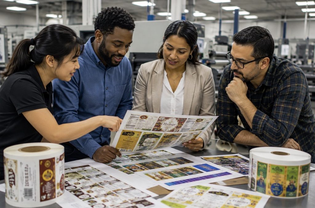 Team reviewing printed materials